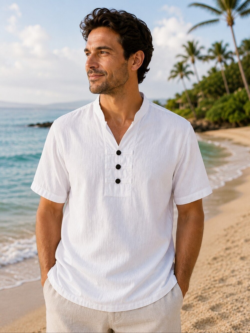 V&V Cotton Men's Medium White Mandarin Collar Shirt 100% Cotton Resort Beachwear